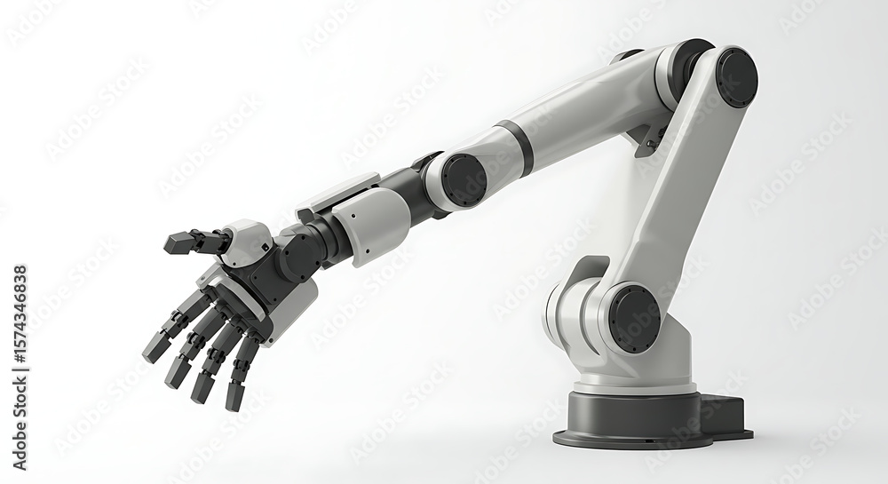 Poster a sophisticated robotic arm with a five-fingered end effector, designed for advanced industrial auto