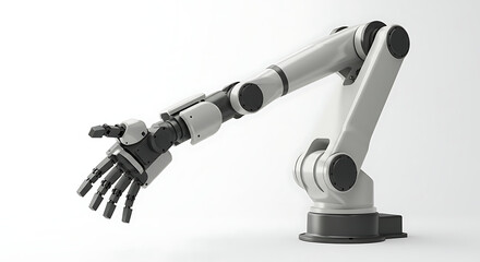 A sophisticated robotic arm with a five-fingered end effector, designed for advanced industrial automation and precision tasks, isolated on white.
