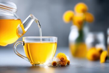 Tea being poured from glass teapot into teacup with flowers
