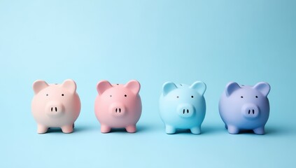 Four pastel-colored piggy banks in pink, blue, and purple lined up against a light blue background.