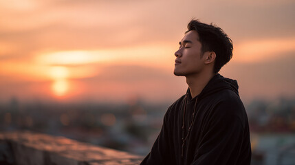 Young Asian man meditating at sunrise on a rooftop, practicing mindfulness and wellness