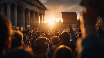 Collective Voices: An awe-inspiring gathering of people raising protest signs against a backdrop of a grand building under a sky ablaze with the setting sun, embodying unity. 