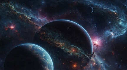 Cosmic Nebula with Glowing Stars and Planets
