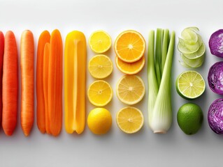 Colorful arrangement of fresh vegetables and fruits on white background