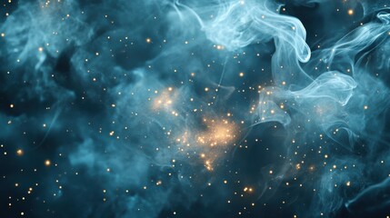 Fantastic smoke background. Magic smoke with glitter and small particles of twinkling stars, fog with luminous particles, blue vapor with stardust. Vector illustration.