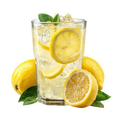 Iced lemonade with lemon on transparent Background