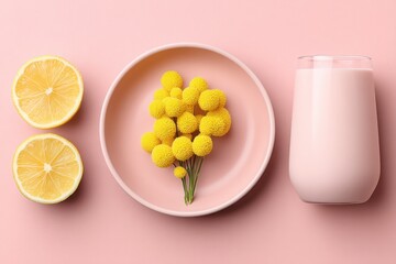 Bunch of yellow billy balls with lemon halves and pink drink