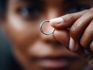 Contemplative woman holding ring in personal space, daytime