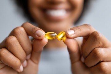 Happy woman holding yellow capsules indoors during daytime
