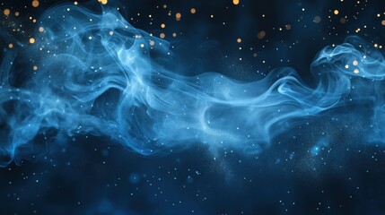 Fantastic smoke background. Magic smoke with glitter and small particles of twinkling stars, fog with luminous particles, blue vapor with stardust. Vector illustration.