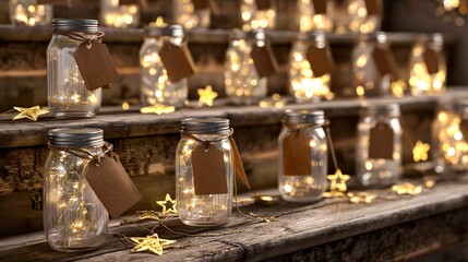 Mason jars with fairy lights and star tags on wood steps