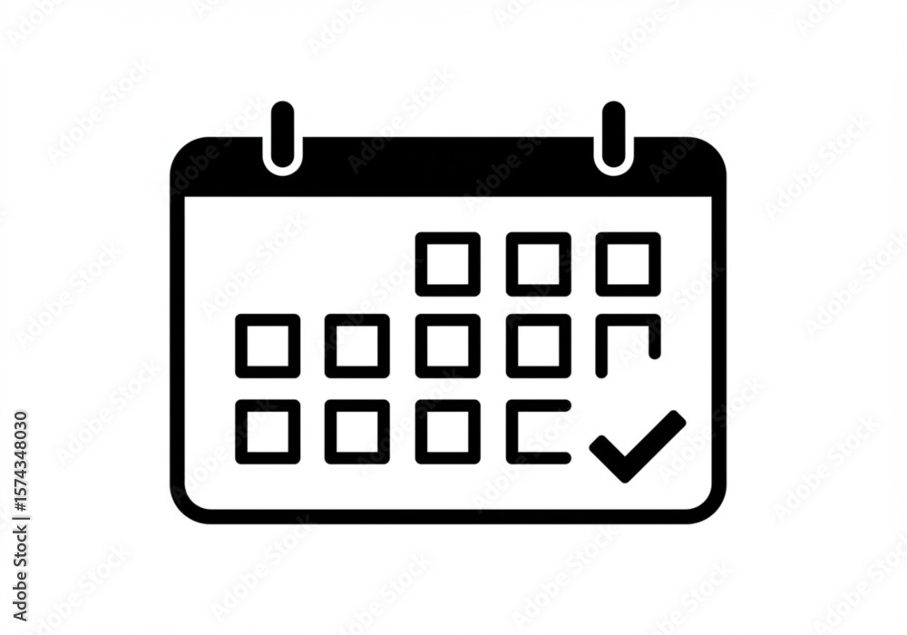 Poster simple black and white icon of a calendar with a checkmark indicating a completed task