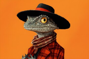 Portrait of an anthropomorphic lizard with realistic textures on its scaly skin, dressed in a stylish human costume, wearing a black hat with red stripes, highlighting its sense of mystery and talent