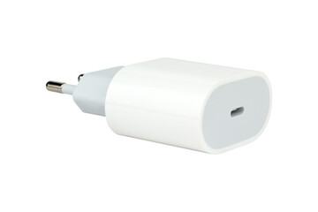 Original network charger, block for charging the phone. Isolated from the background.