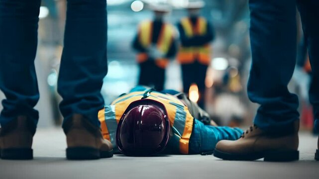 Construction Accident: Injured worker lying on the ground, with safety helmet and vest, after an accident at work. Fellow workers look on with concern.