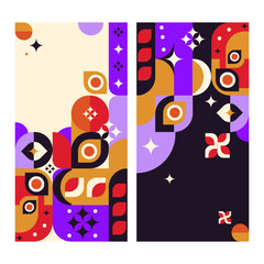 Fototapeta premium Abstract geometric design templates with retro shapes, stars, and vibrant colors on light and dark backgrounds, ideal for flyers, invitations, cards, cards, posters, branding, textile prints.Vector