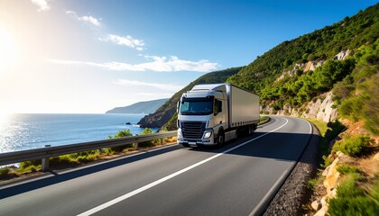 Coastal Highway Haul: A semi-truck navigates a scenic coastal highway, the blue sea and lush greenery providing a stunning backdrop to the journey