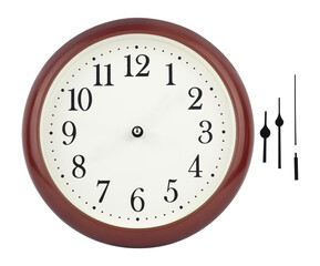 round wall clock with frame, hands separately for indicating time on the clock, isolated from the...