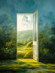 Open door invites exploration in a vibrant green landscape under a bright sky, where nature and curiosity converge to create a sense of wonder and serenity