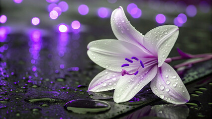 White lily with purple accents and water droplets flower
