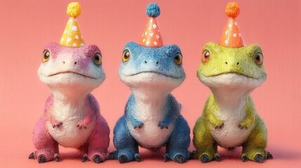 Dinosaurs celebrate with colorful party hats in a cheerful gathering