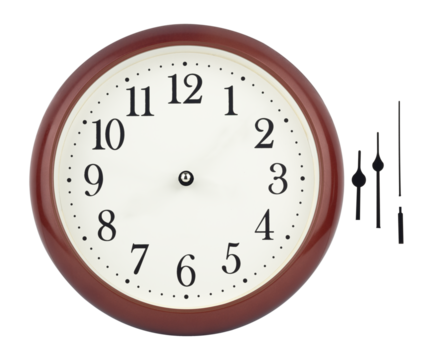 round wall clock with frame, hands separately for indicating time on the clock, isolated from the background