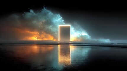 Mystical Glowing Doorway Emerging From Ocean with Dramatic Cloudscape During Sunset