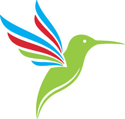 Simple Green Hummingbird Logo with Striped Wings. Stylized flying bird mascot with red and blue details for tech startups, delivery services, or eco-friendly brands