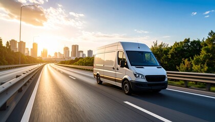 Delivery Van on Highway at Sunset: A white delivery van speeds down a highway towards a cityscape at sunset, conveying a sense of efficient transportation and timely delivery. 