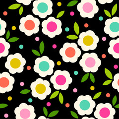 Cute hand drawn flower with dot seamless pattern design for spring season background.