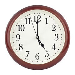 round wall clock with frame showing 5 o'clock isolated from background