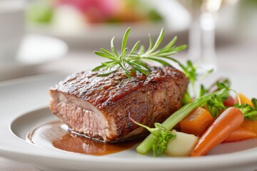 Deliciously roasted wild boar served with seasonal vegetables in a fine dining setting