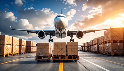 Global Cargo in Transit: A majestic aircraft, poised for take-off or landing, symbolizes the swift global movement of goods. Surrounding the aircraft are meticulously arranged stacks of cargo.