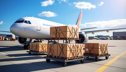 Aviation Cargo: The image showcases a cargo plane with stacked wooden boxes. Represents logistics, transportation, and global commerce. Reflecting the dynamics of shipping and international trade.