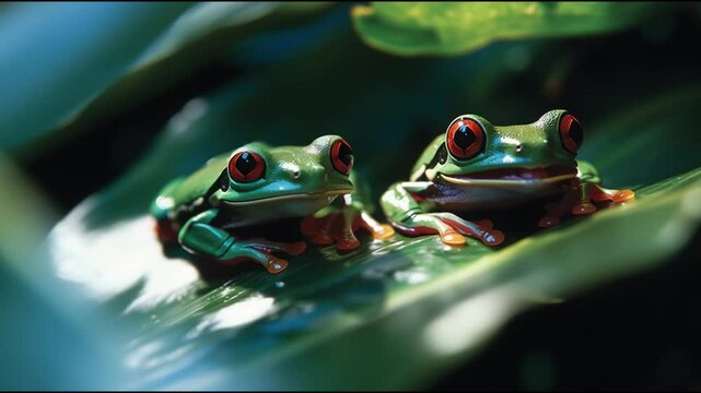 Close-up of vibrant red-eyed tree frogs resting on lush green leaves in a tropical rainforest setting at dusk
