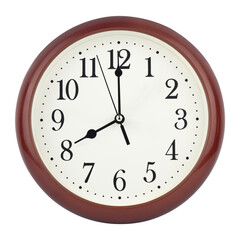 round wall clock with frame showing 8 o'clock isolated from background