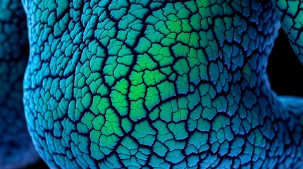 A close-up of an abstract surface with a highly detailed, textured pattern resembling scales or cracked earth in vibrant blue and green tones, suggesting an organic or alien form