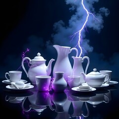 Elegant teapot cups shocking purple light high resolution picture