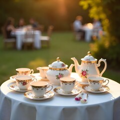 Elegant outdoor afternoon tea gathering sunset high resolution picture