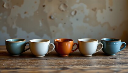 Fototapeta premium neat line of simple pottery teacups in soft tones