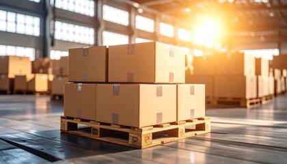 Warehouse Inventory: A sunlit warehouse scene featuring stacks of cardboard boxes atop wooden pallets. A visual depiction of efficient logistics and the backbone of commerce.