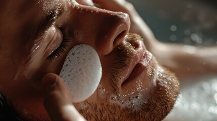 A man's clean facial skin, a man cleaning sponge, a white cotton pad