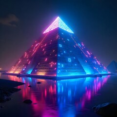 Futuristic neon pyramid glowing in night scene high resolution picture