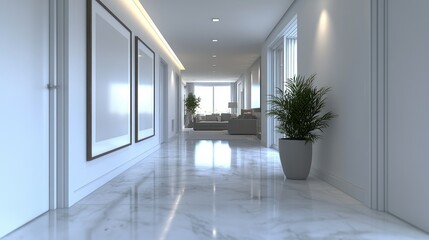 Modern hallway with marble floor and framed art