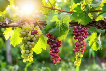 Fototapeta premium Fresh dark grapes hanging from a wooden stall in a vibrant outdoor market during bright daylight hours