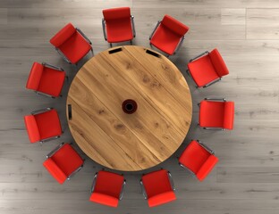 A top-down view of a round wooden table surrounded by ten modern red chairs on a light wooden floor.