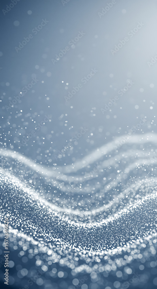 Poster abstract background featuring flowing, undulating blue and silver particles with a bokeh effect, rep
