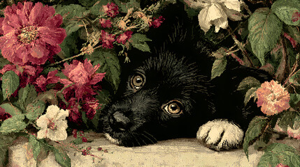 Playful black puppy surrounded by flowers in pixel art style, HD realistic