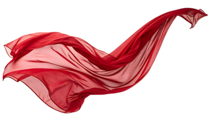 Elegant red silk fabric flowing in the wind on transparent background