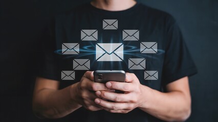 A person sends messages using a smartphone, showcasing email marketing strategies and online communication with several floating message icons.